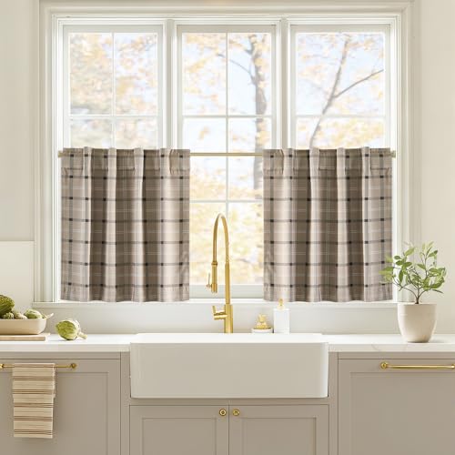 NICETOWN Taupe Farmhouse Gingham Tiers Kitchen Fall 100% Blackout Curtains 24 Inches Long, Buffalo Plaid Check Half Window Cafe Curtains for Kitchen B