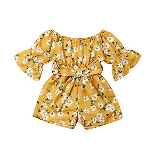 Image of Kids Toddler Baby Girls Summer Outfit Off-Shoulder Overall Romper Jumpsuit Short Trousers Clothes (12-18 Months, Yellow Daisy)
