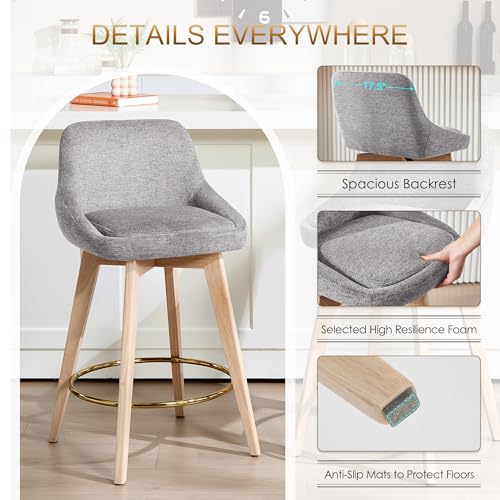 Image of Zesthouse Swivel Counter Height Stools Set of 4, 26 inch Wooden Barstools with Back & Solid Wood Legs, Modern Upholstered Bar Stools for Kitchen Island, Grey Linen Fabric Counter Height Chairs