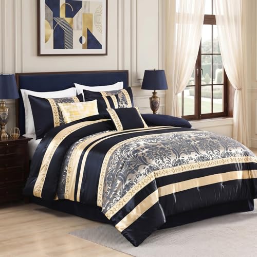 Image of CozyDH Luxury Comforter Set King Size, Navy Blue Gold - 7 Piece Bed in a Bag Jacquard Vintage Floral Damask, All Season Down Alternative Bedding with Bed Skirt, Shams, Decorative Pillows, 104x90 in