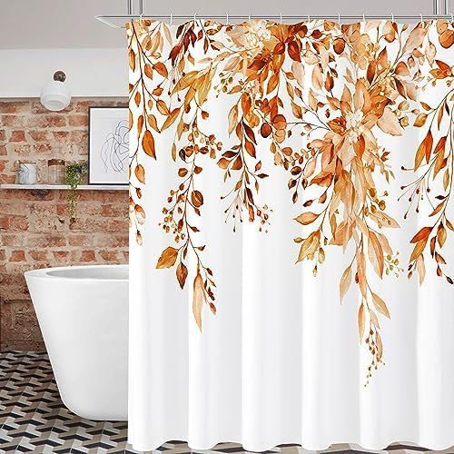 Hopomoon Nordic - Cortina de ducha con diseño floral (180 x 180 cm, impermeable, tejido de poliéster grueso, estampado de hojas de plantas, para baño, color naranja