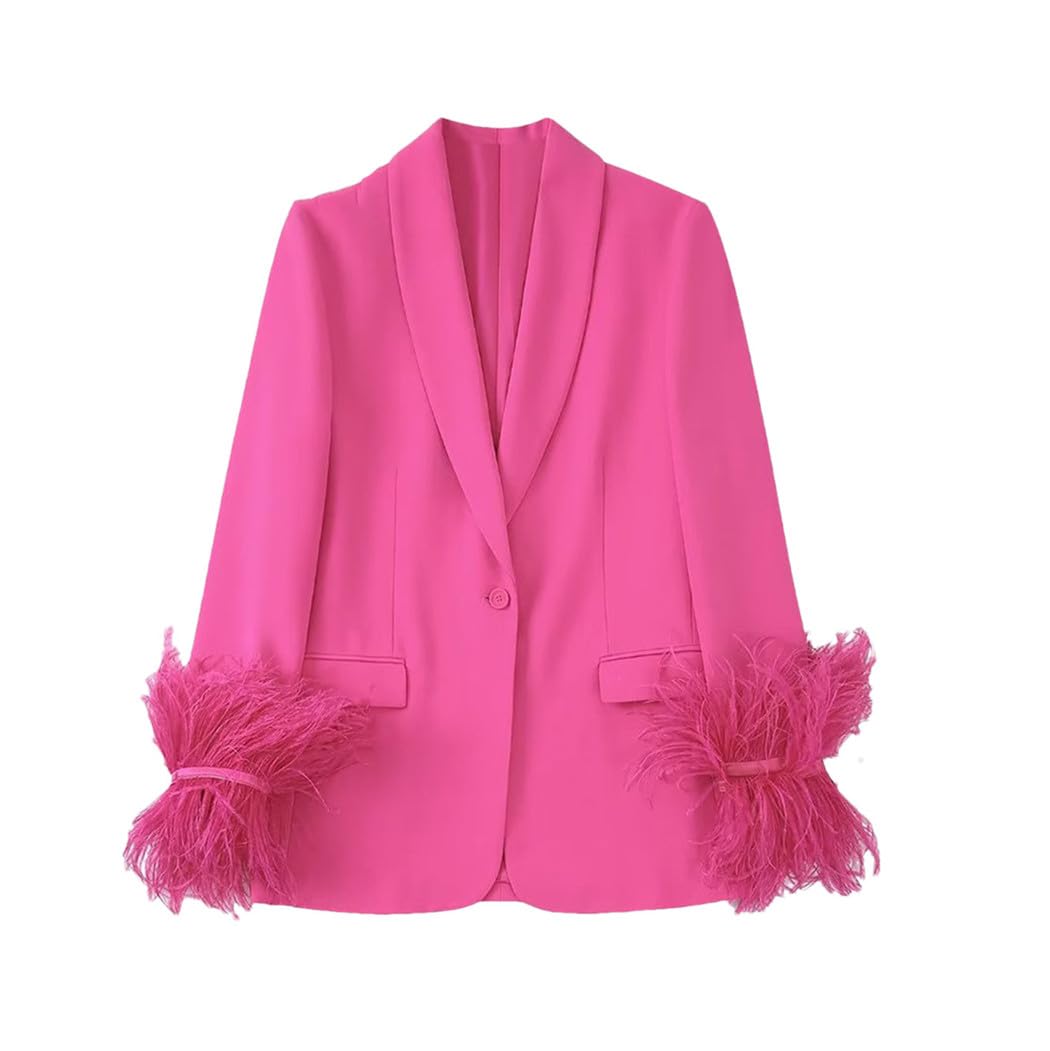 Womens Vintage Feather Trim Blazer Single Button Notched Lapel Long Sleeve Party Office Suit Jacket