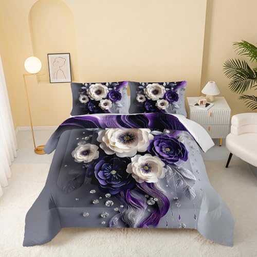 Image of QOOMO Purple Flowers Kids Bedding Set,Cartoon Plants Comforter Set Full Size for Boys Girls Teen Room Decorat,Soft Lightweight Bed Set All Season,1 Comforter 2 Pillowcases