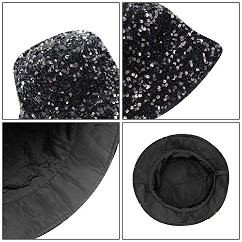 Rarityus Women Bucket Hat Reversible Double-Side-Wear Shiny Glitter Sequin Sun Cap For Travel Beach Unisex Outdoor Black #TOP6
