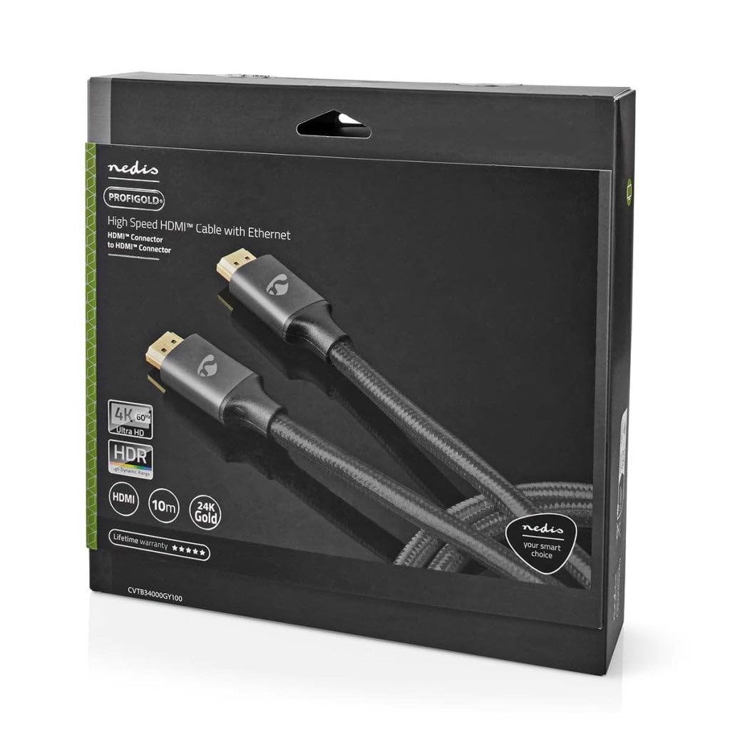NEDIS Cavo HDMI ad alta velocità con Ethernet, connettore HDMI™, connettore HDMI™, 4 K a 30 Hz, ARC, 18 Gbps, 10 m, rotondo, cotone, grigio fucile, confezione esterna