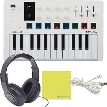 Liquid Audio Arturia MiniLab 3 Hybrid MIDI Keyboard Controller Bundle with Samson SR350 Pro Headphones, Arturia USB Cable & Polishing Cloth 4 Items