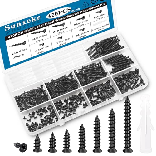 Sunxeke 420PCS M3 Small Wood Screws Assortment Kit,Phillips Drive Flat Head Self-Tapping Screws, Black Short Screws Set with 20pcs M6 Screw Anchors