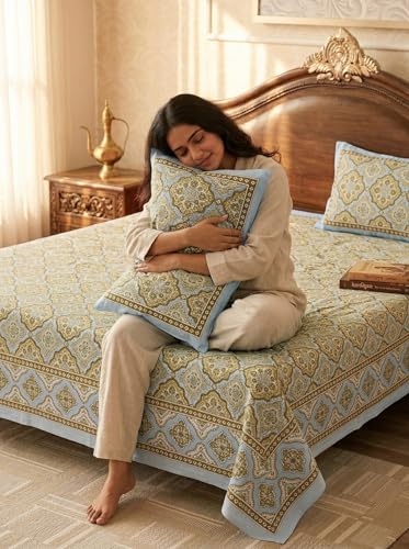 Image of Mafatlal 144 TC Jaipuri Cotton King Bedsheet | 90 x 108 Inches | Traditional Design | Smooth, Long-Lasting & Soft | 2 Pillow Covers | Almond Buff