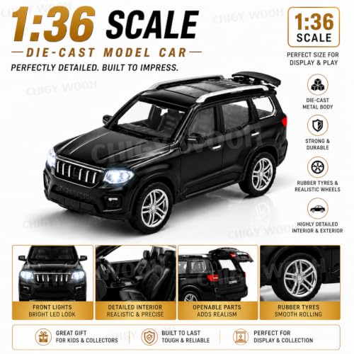 Image of S-Corpio Die-Cast 1:36 Scale Toy Car | Pull Back Action | Openable Doors | Lights & Sound Effects | Detailed Interior | Rubber Tyres | Metal Body Vehicle for Kids (Multi-Color)
