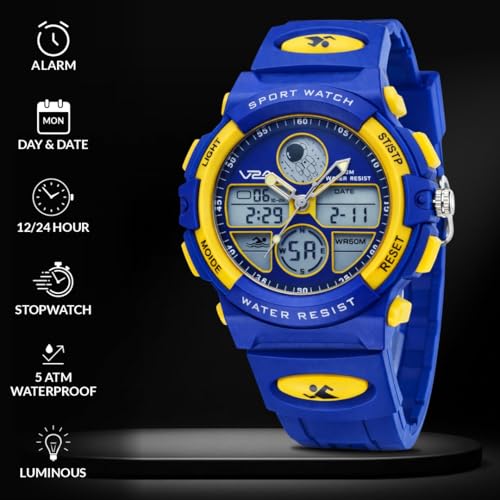 Image of V2A Nova Pro Kids Watch for Boys Age 8-14 | 44mm Analog Digital Sports Watch | Alarm Stopwatch Backlight | TPU Strap | 30M Water Resistant | School & Birthday Gift | Gift for Boy