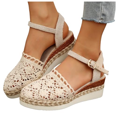 Barfuß Sandalen Damen,Keilabsatz Schuhe Damen Elegant Bequeme Espadrilles Vorne Geschlossen rutschfeste Elastisch Slingback Sandalen Sommer Lässige Plateau Wedges Sandaletten mit Riemchen