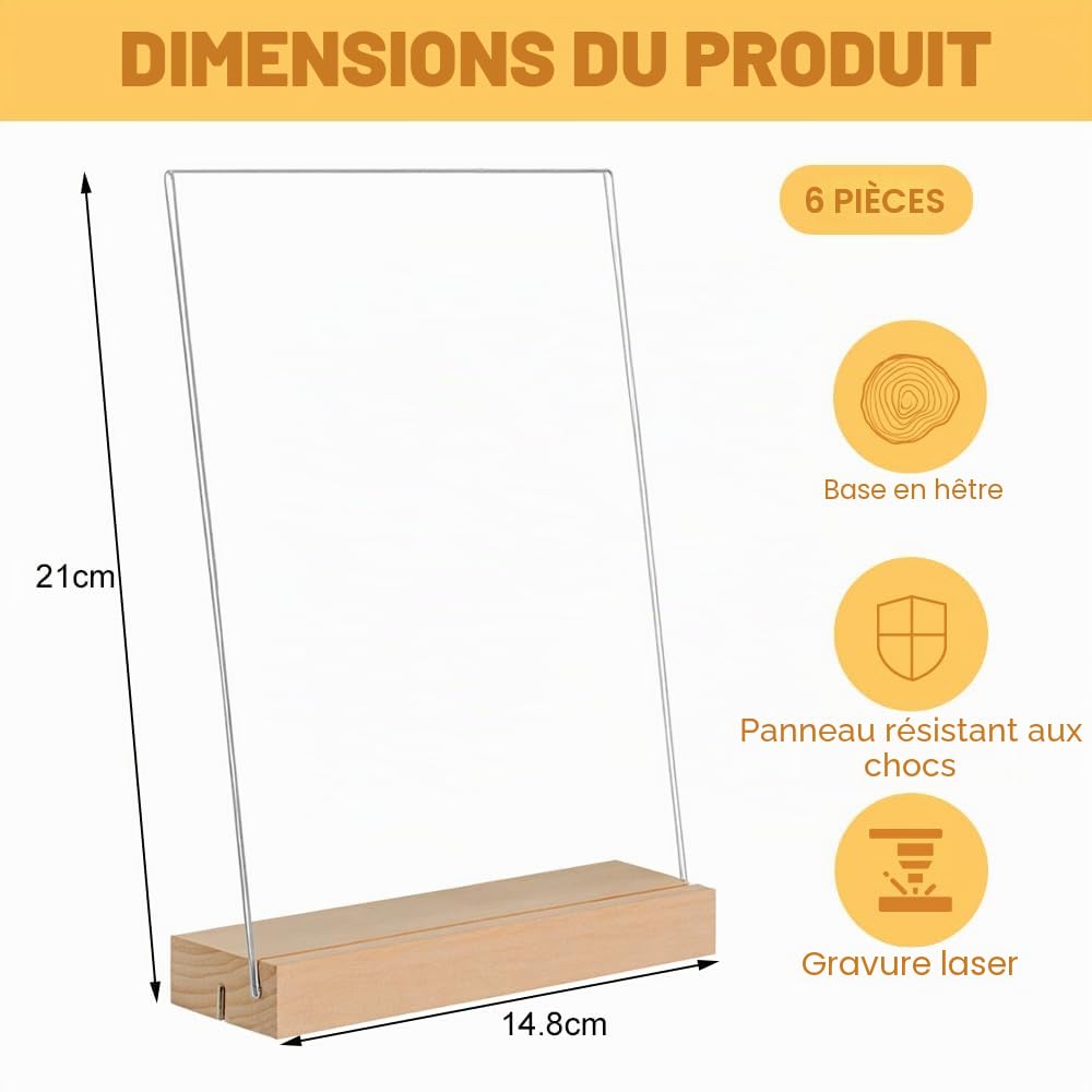 Lot de 3 Présentoirs de Table A5 en Acrylique Transparent avec Base en Bois-Porte-Affiche/Panneau Publicitaire pour Menus,Photos, Publicité (A5-6Pièces-A) | Présentoir double face pour étiquettes de prix et menu pour restaurants, cafés, bureaux