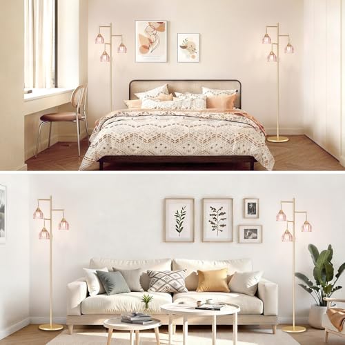 Shenmoyl Stepless Dimming Floor Lamps for Living Room, Bedroom, Gold Standing Lamp with 3pcs 6W Bulbs, Vintage Brass Floor Lamp for Corner, Nursery (Pink Tulip) by Shenmoyl - Used condition - Image 7