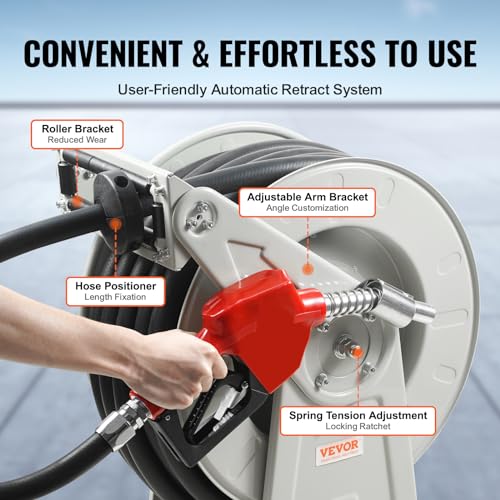 VEVOR Fuel Hose Reel, 1" x 50', Extra Long Retractable Diesel Hose Reel, Heavy-Duty Carbon Steel Construction with Automatic Fuel Nozzle, NBR Rubber Hose for Aircraft Ship Vehicle Tank Truck, 300 PSI by VEVOR - Image 4