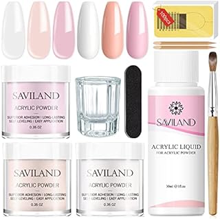 Saviland Acrylic Nail Kit - Clear Pink Nude Acrylic Powder Nails Kit Acrylic Set, Non-yellowing Acrylic Liquid, Acrylic Nail Brush Nail Forms and DIY Nail Art Tools Acrylic Nail Kit for Beginner
