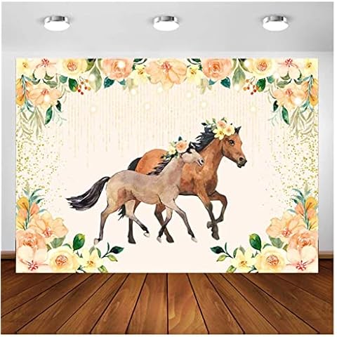 Happy Birthday Watercolor Flowers Horse Star Golden Glitter Party Photo Backdrop Photography Background 5×3 feet vinyl backdrop Cover