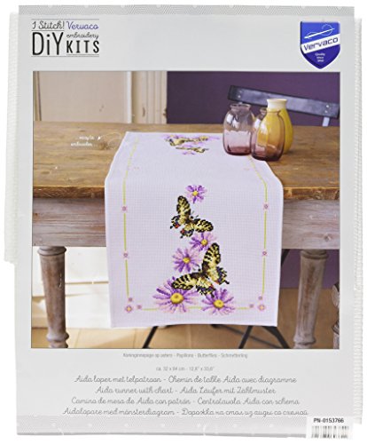 Vervaco Aida Läufer Schmetterling Kreuzstichpackung, Weiß, 32 x 84 x 0,3 cm