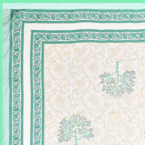 Image of BLOCKS OF INDIA Hand Block Printed Cotton Single Size Reversible Malmal Dohar for Summer (Light Green Tree)