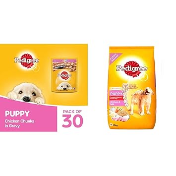 Pedigree Puppy Wet Dog Food, Chicken Chunks in Gravy, 70 g (Pack of 30) & Puppy Dry Dog Food, Chicken & Milk, 10kg Pack