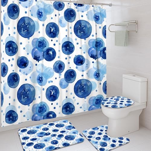 Blueberry Ensemble de rideaux de douche modernes et contemporains avec cercles à pois bleus d'été lavables avec crochets pour salle de bain et tapis pour...