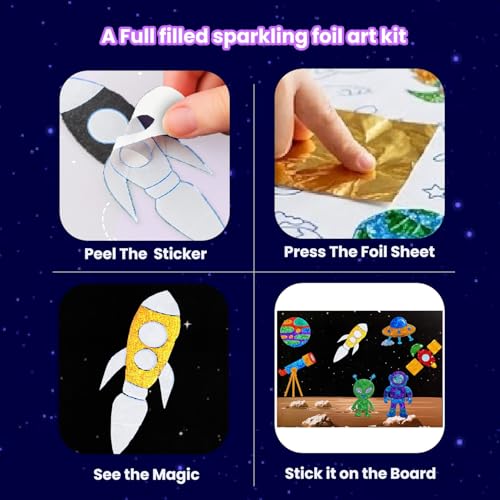 Image of TOYJOS Space Adventure Foil Art Kit for Kids 220+ Pieces No Mess DIY Craft Kit Creative Activity Play Set with Foil Sheets Stickers & Canvases Educational Gift for Boys Girls 4 to 9 Years