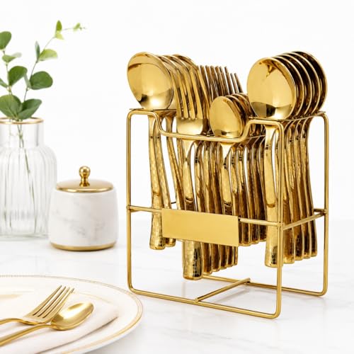 Image of Premium Stainless Steel, 25-Piece Cutlery Set for Kitchen & Table (6 Dessert Spoons, 6 Dessert Forks, 6 Tea Spoons, 6 Soup Spoons, 1 Storage Stand) (25, Square Golden Spoon)
