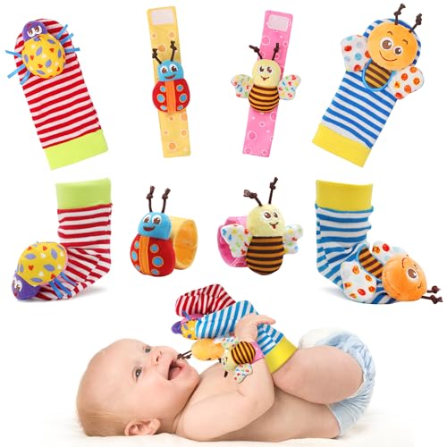 Image of Bloobloomax Baby Rattles Toys for 0-12 Month, Infant Girl Boy Toys for Babies 3-6 Months, Newborn Hand & Foot Toys for 0 to 9 Months, Baby Shower Gifts Set with Wrist Rattle Socks (Pink-8PCS)