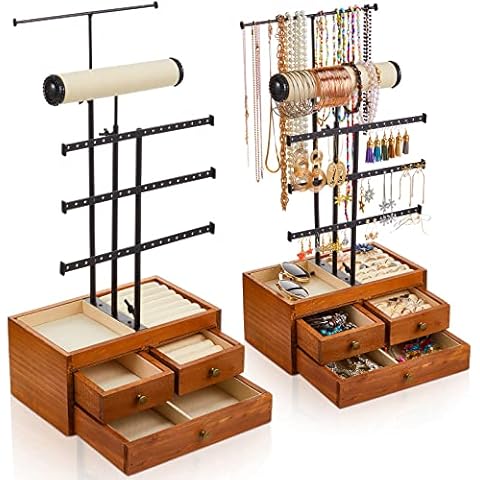 Jewelry Organizer Stand with 2 Layer Wooden Jewelry Drawer Box Adjustable 5 Tier Metal Jewelry Tree Stand Jewelry Tree Towers Display for Necklaces Earrings Bracelets Watch Rings Cover