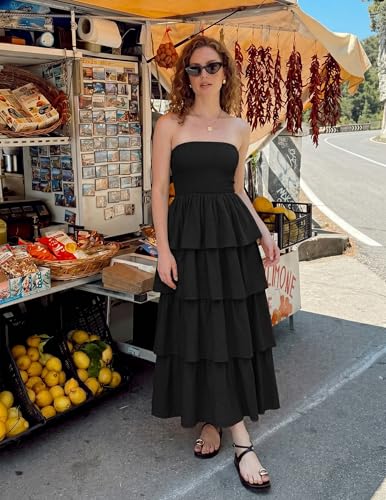 Image of ZESICA Women's Summer Boho Strapless Maxi Dress 2026 Casual Sleeveless Off Shoulder Smocked Tiered Beach Long Sundress