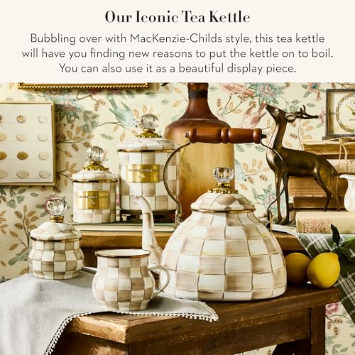 Image of MACKENZIE-CHILDS Tea Kettle, 3 Quarts, Brown-and-White Mocha Check
