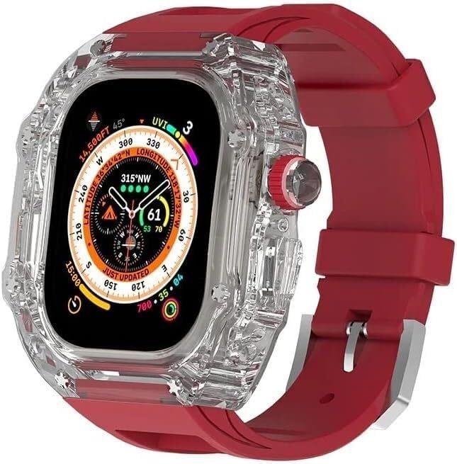 INFRI Transparent Watch Case Rubber Band Mod Kit，For Apple Watch Series 9 8 7 6 5 4 SE 45mm 44mm 49mm Replacement，Clear Bezel Watch Case Straps Clasp Accessories