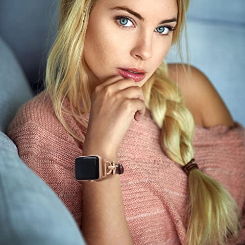 Image of Leather Band Compatible with Apple Watch Bands for Women, Dressy Fancy Strap for iWatch Series 11 /10 /9 /8 /7 /6 /5 /4 /3 /2 /1 /se /Ultra /Ultra 2(49mm 46mm 45mm 44mm 42mm,Dark Brown /Rose Gold)