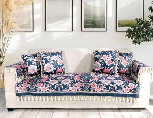 Image of ishro home Premium Sofa Cover 3 Seater Protecter with 2 Handle Covers - Soft European Standard Fabric, Frill Design, Machine Washable | (Night Sapphire, 3 Seater, Seat Cover)