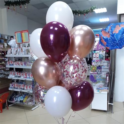 Image of Burgundy Red Balloons, 35PCS Maroon and White Latex Balloons, Wine Red and Rose Gold Confetti Balloon for Birthday Wedding Anniversary Engagements New Year Valentines Day Party Decorations Supplies