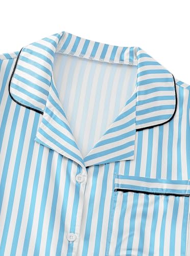 Image of Remidoo Women's Silk Satin Pajama Set Striped Button Up Pjs Short Sleeve Loungewear Blue Large