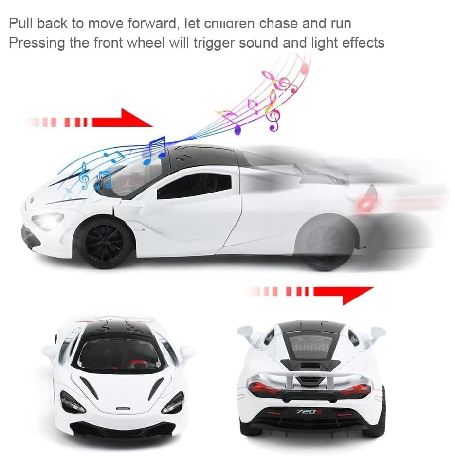 Image of New 1:32 Mc-Laren 720s Diecast Alloy Metal Pull Back Car with Openable Doors Music Sound and Light Vehicle Toy Car for Kids Boys