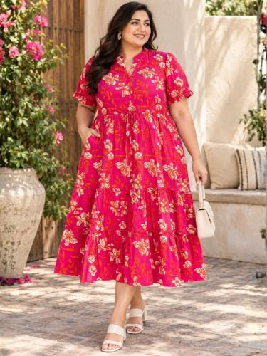 Image of Indietoga Women's Floral Printed Pure Cotton Tiered Maxi Dress (XL to 7XL)