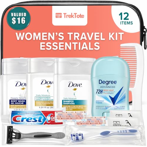 TrekTote 12 Piece Women’s Travel Essentials with Clear Toiletry Bag for Women, Airplane Essentials, Travel Shampoo and Conditioner, Vacation Essentials