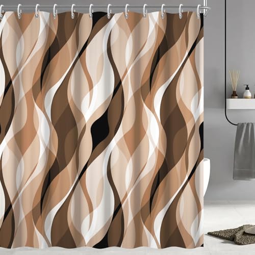 Ruelvth Brown Shower Curtain Modern Abstract Grey and Brown Striped Shower Curtain Set for Bathroom Waterproof Tan Shower Curtain with Hooks 72x72 Inch
