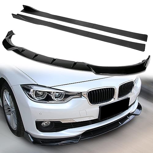 Q1-TECH, 9-Piece Front Bumper Lip & Side Skirt Extensions Diffuser Compatible with BMW 3-Series F30 F35 330i 318i 320i 328d 2016-2019, Front Bumper Lip Spoiler Air Chin Splitter ABS (Painted Black)