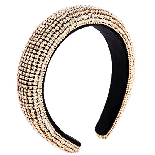 Rhinestone Crystal Padded Headband Bejewled Statement Wide Hairband Charm Bridal Wedding Party Headwear Hair Hoop Hair Accessorie (gold)