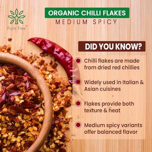 Image of Pure Tree Certified Organic Chilli Flakes Medium Spicy | 40 g | Glass Jar | Crushed Red Pepper Flakes | Pizza Pasta Seasoning | Dried Red Chilli Pieces | Organic Spice