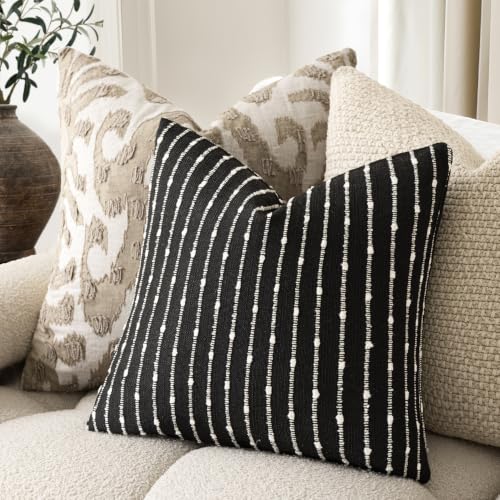 Image of Foindtower Decorative Striped Boucle Throw Pillow Covers 18x18 Inch Black