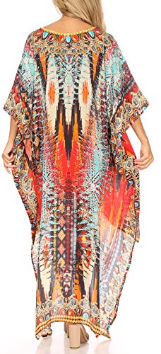 Sakkas Laisson Flowy Hi Low Caftan Rhinestone Boxy V Neck Dress Top Cover/Up2