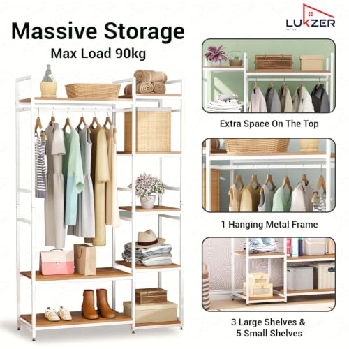 Image of Lukzer Heavy Duty Garment Rack with 8 Shelves & Hanging Rod | Free-Standing Modern Clothes Stand Metal & Engineered Wood Shoe Rack with Adjustable Foot Pads for Living Room - MMR-004 /White & Oak Brown