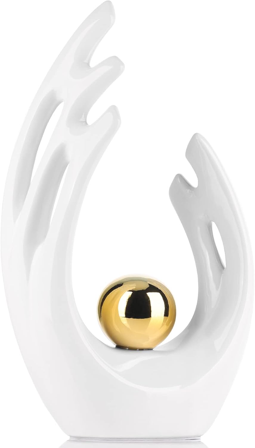 White and Gold Home Decor Accent, Abstract Art Ceramic Statue, Modern Funky Coffee Table Centerpiece for Living Room, TV Table, Shelf White and Gold Home Decor Accent, Abstract Art Ceramic Statue, Modern Funky Coffee Table Centerpiece for Living Room, TV Table, Shelf