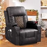 Duitrc Recliner Chairs for Adults, Swivel and Rocking Recliner with Heat and Vibration, Breathable Leather Ergonomic Single Sofa Chair for Living Room with Cup Holders, Side Pockets, Brown