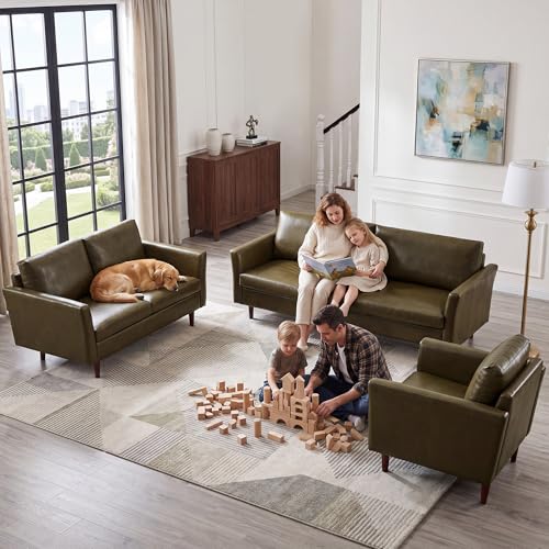 Image of Kingfun 3 Piece Living Room Furniture Sets, 3 Seater Couch, Loveseat and Armchair, Faux Leather Couch Set, Mid Century Modern Sofa Set with Solid Wood Frame for Living Room, Office, Olive Green