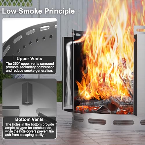 Kullavik 19 Inch Outdoor Smokeless Fire Pit,Portable Stainless Steel Firepit with Weather Resistant Cover,Wood Burning Fire Pit for Outside Camping Backyard Patio Garden