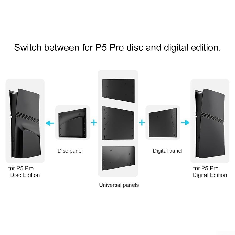 Set di coperture di ricambio per console PS5 Pro, 5 pannelli protettivi in ABS, copertura di 3 mm di spessore per dischi e personalizzazione di gioco Digital Edition (nero)